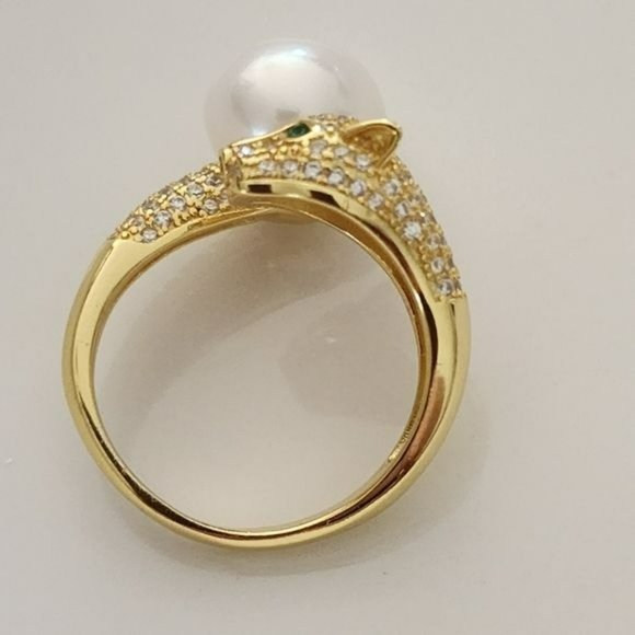 925S Genuine 10 mm Freshwater Pearl Adjustable Gold Ring With Leopard Design - Picture 12 of 16